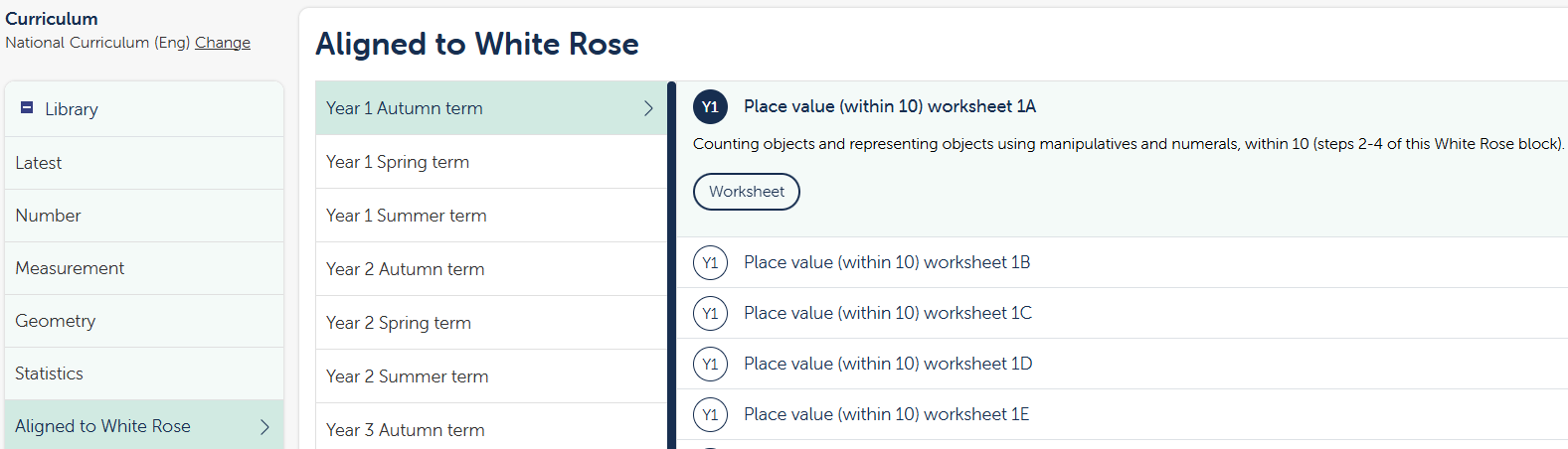 MyiMaths menu page highlighting the worksheets can be found in National Curriculum (Eng) view at the bottom of the library section